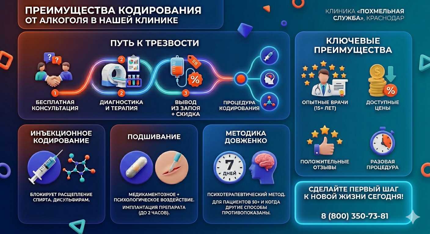 Инфографика о методах кодирования от алкоголя в Протвино: инъекции, подшивание, метод Довженко. Преимущества клиники и этапы лечения.